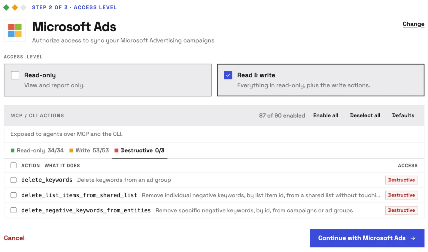 InsightfulPipe's Microsoft Ads setup, step 2 of 3, before any Microsoft sign-in: Read & write selected, all 34 reads and 53 writes on, and the three delete actions off on the Destructive tab.