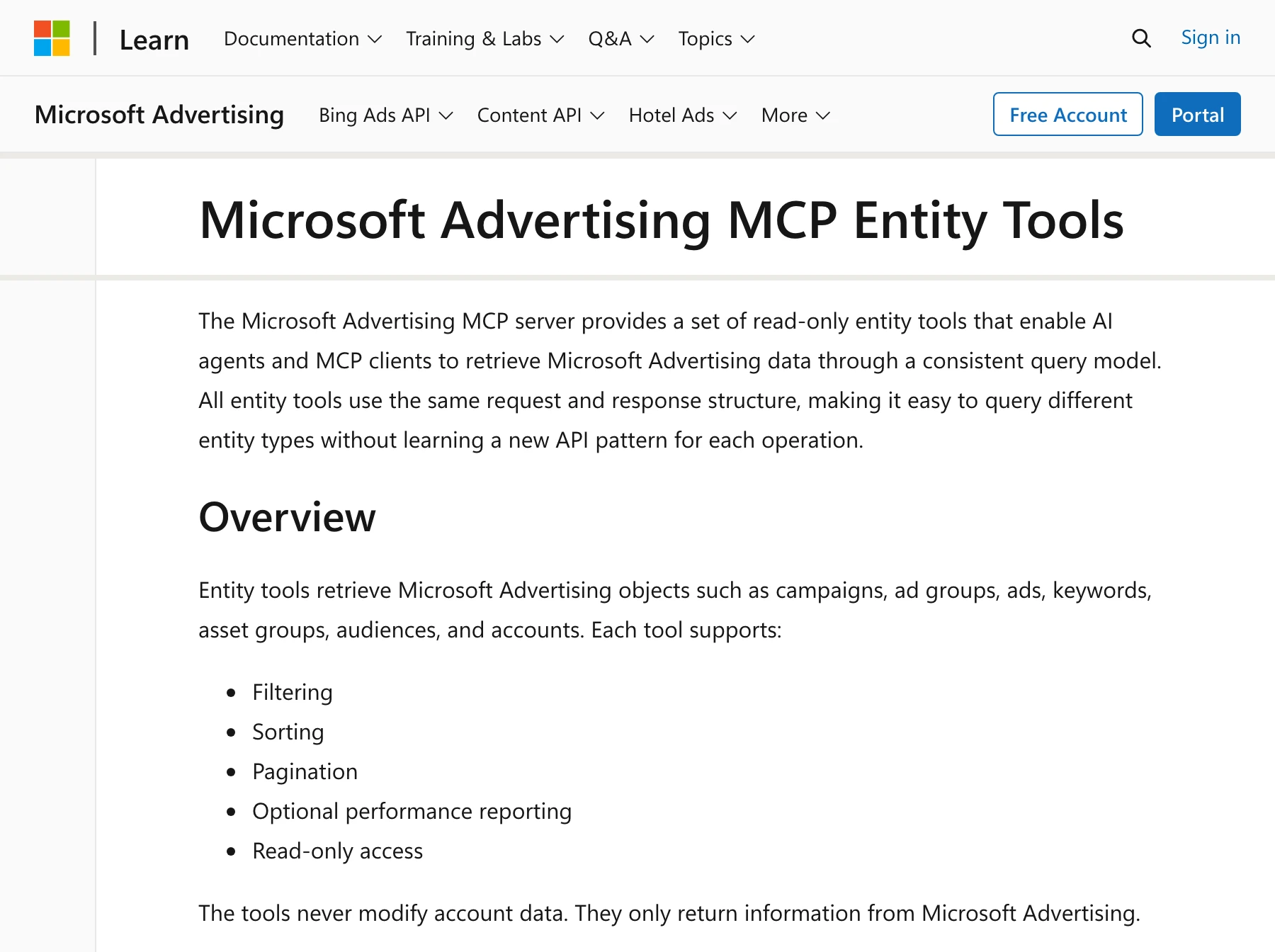 Microsoft Learn's Microsoft Advertising MCP Entity Tools page, which calls them read only entity tools and says the tools never modify account data.