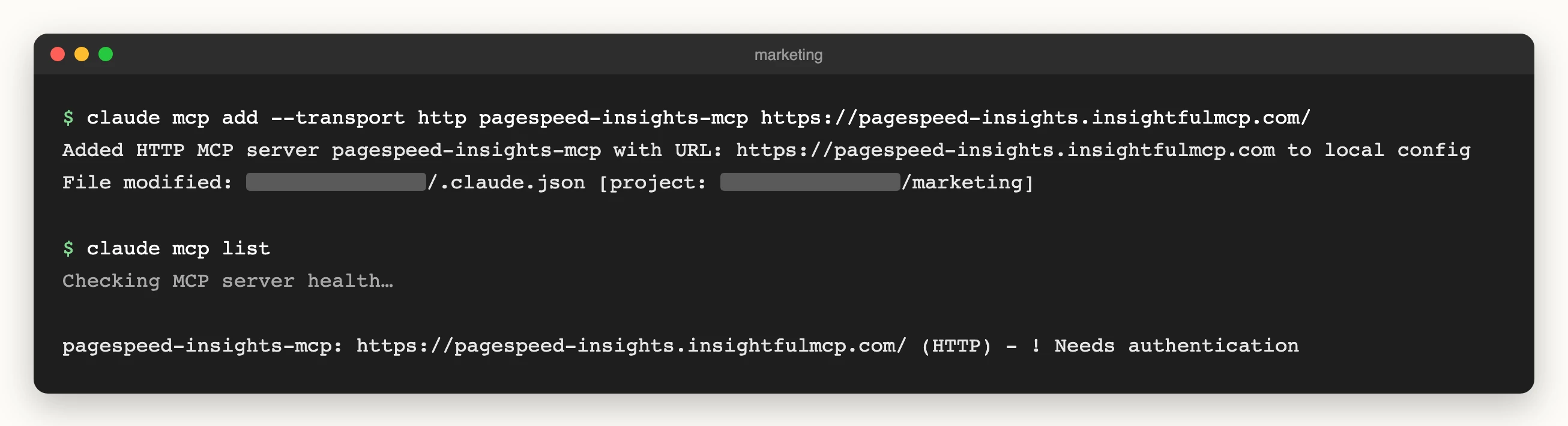 Claude Code adds the PageSpeed Insights MCP server with one command, and claude mcp list shows Needs authentication until you sign in to InsightfulPipe.