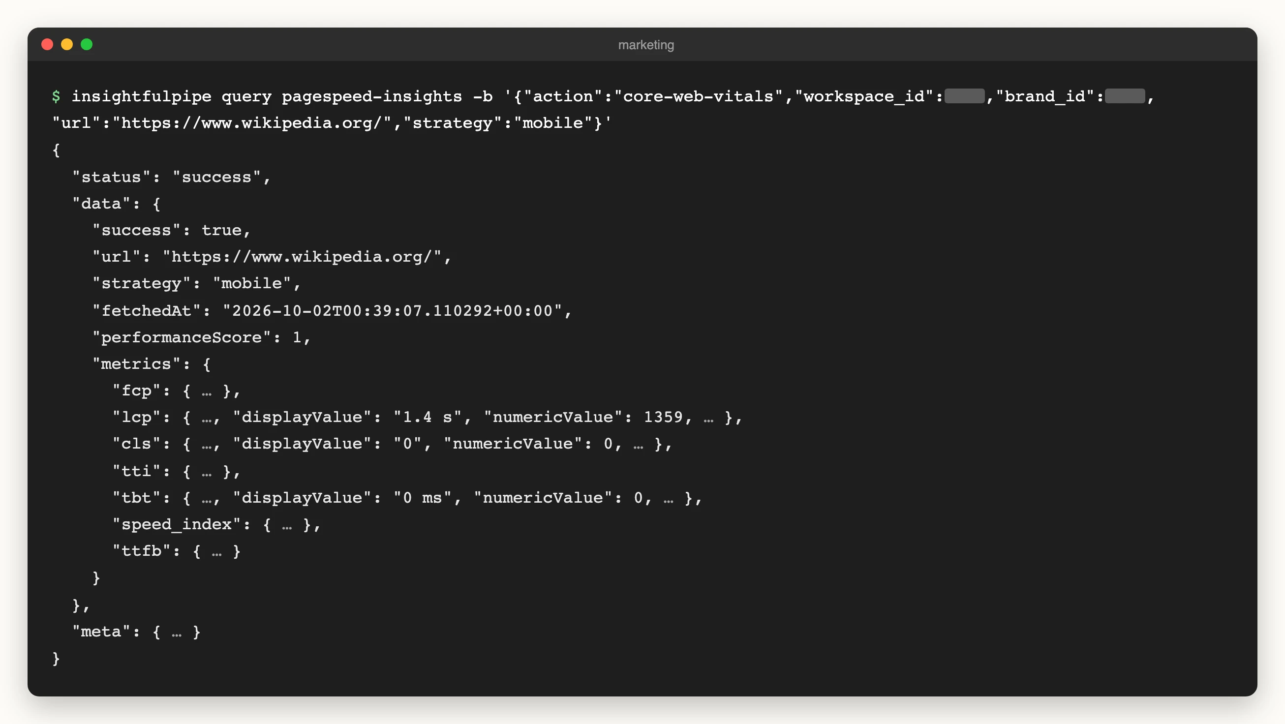 The InsightfulPipe CLI running the PageSpeed Insights Core Web Vitals action on https://www.wikipedia.org/ for mobile, which returned a performance score of 1, LCP of 1.4 s, CLS of 0 and Total Blocking Time of 0 ms.