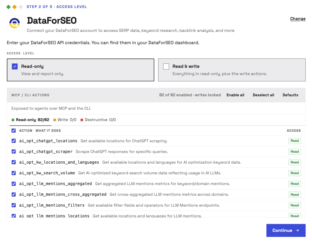 InsightfulPipe's DataForSEO setup, step 2 of 3: Read-only selected, with all 82 actions on as reads and writes locked, before any API login is entered.