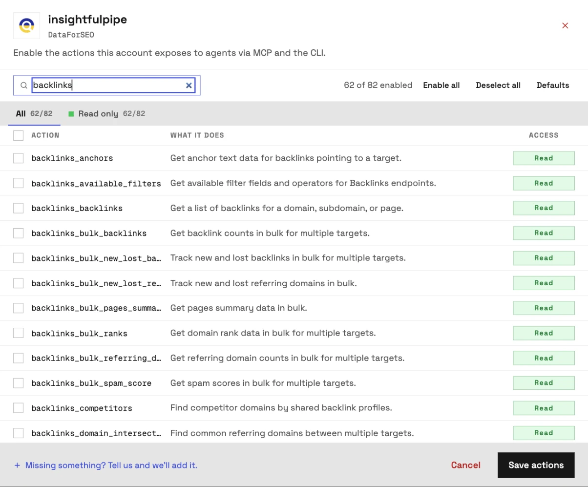 The actions for InsightfulPipe's DataForSEO connection, searched for backlinks: all 20 Backlinks actions unticked, leaving 62 of 82 enabled before Save actions.