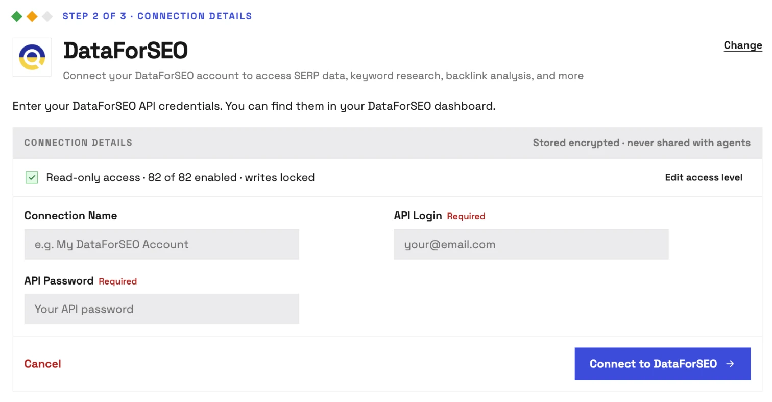 InsightfulPipe's DataForSEO connection details step: Connection Name, API Login and API Password fields, stored encrypted and never shared with agents, with Read-only access and 82 of 82 actions enabled.