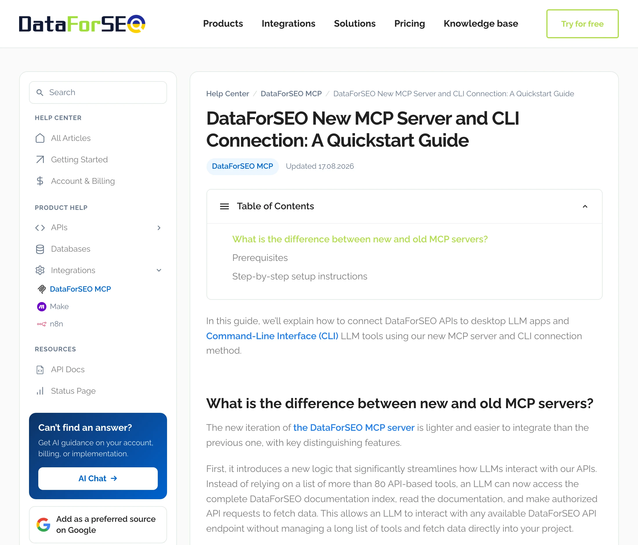 DataForSEO's quickstart guide for its new MCP server says that instead of relying on a list of more than 80 API-based tools, an LLM now reads the DataForSEO documentation index and makes authorized API requests.