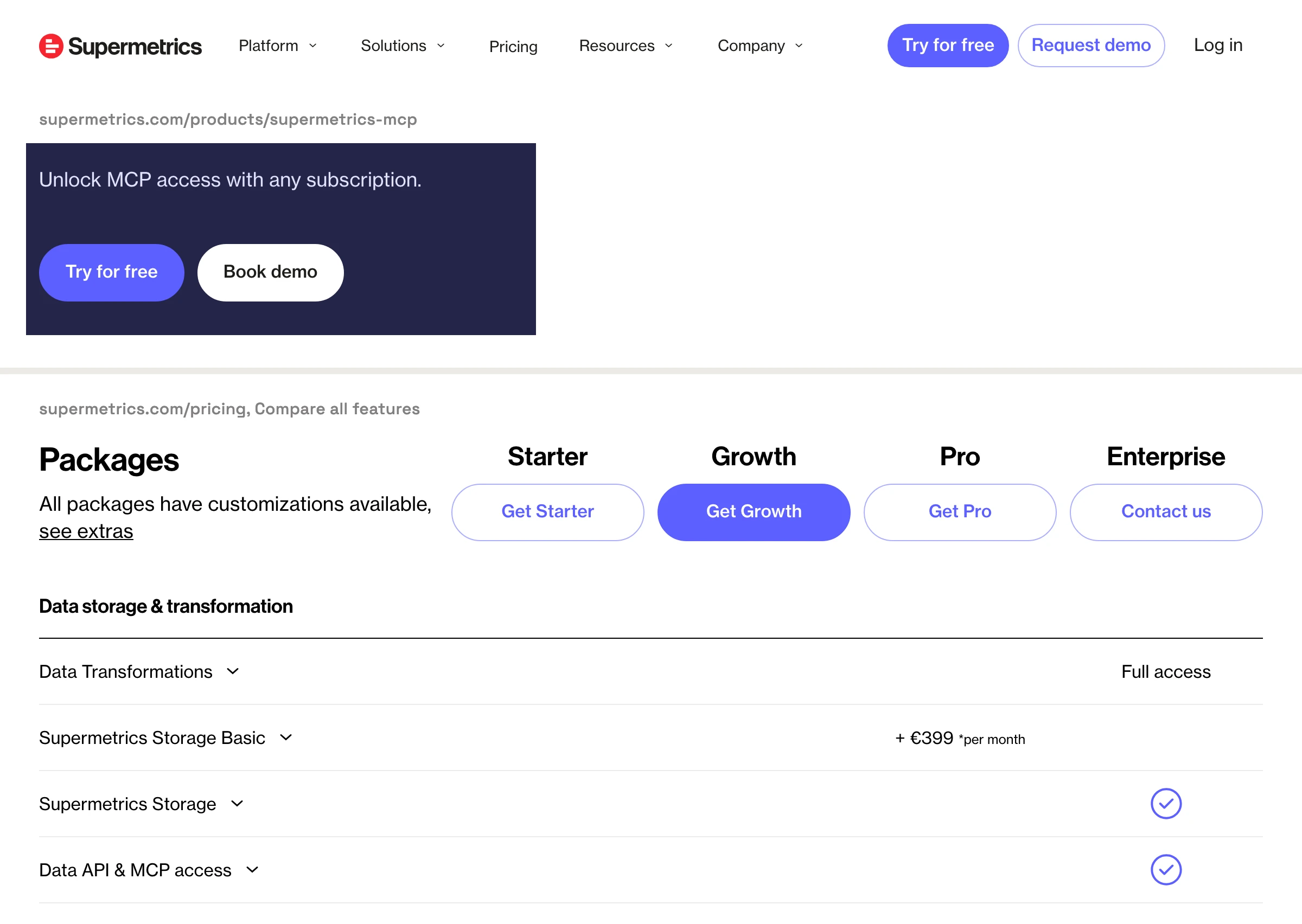 Supermetrics' MCP page says "Unlock MCP access with any subscription", while its pricing table ticks Data API & MCP access on Enterprise only, not on Starter, Growth or Pro.