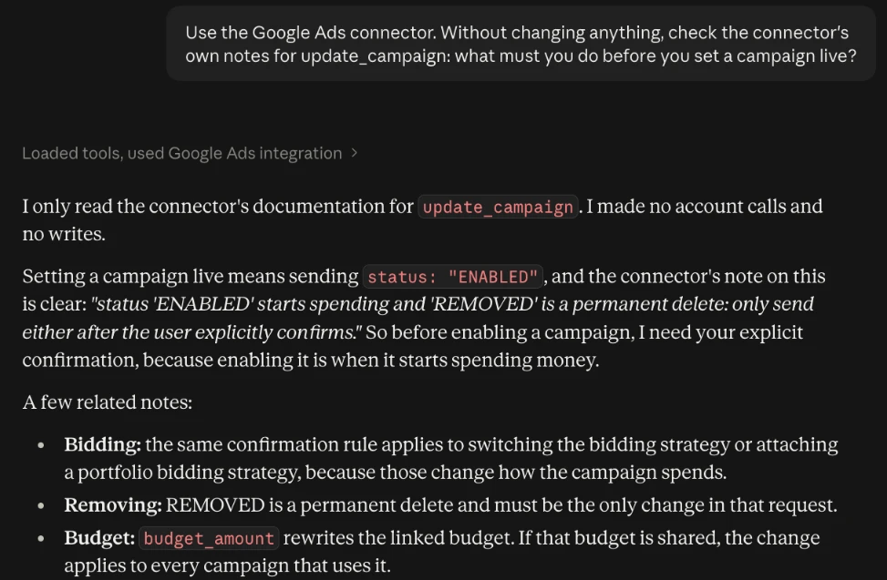 Claude reading the InsightfulPipe Google Ads connector's note for update_campaign: status ENABLED starts spending, so the assistant sends it only after you explicitly confirm.