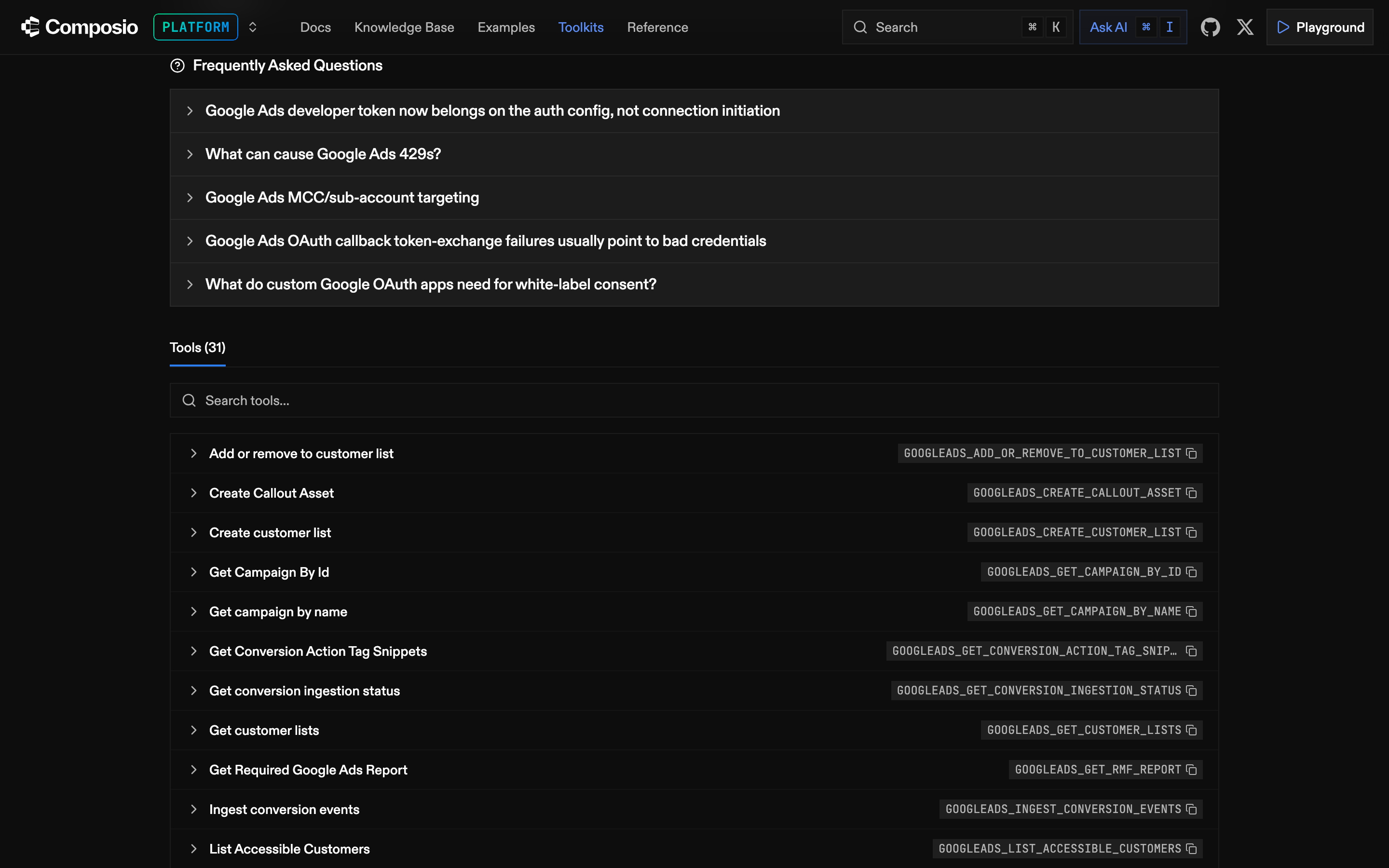 Composio's Google Ads docs listing 31 tools, beneath FAQs on moving the developer token to the auth config and on manager account targeting.