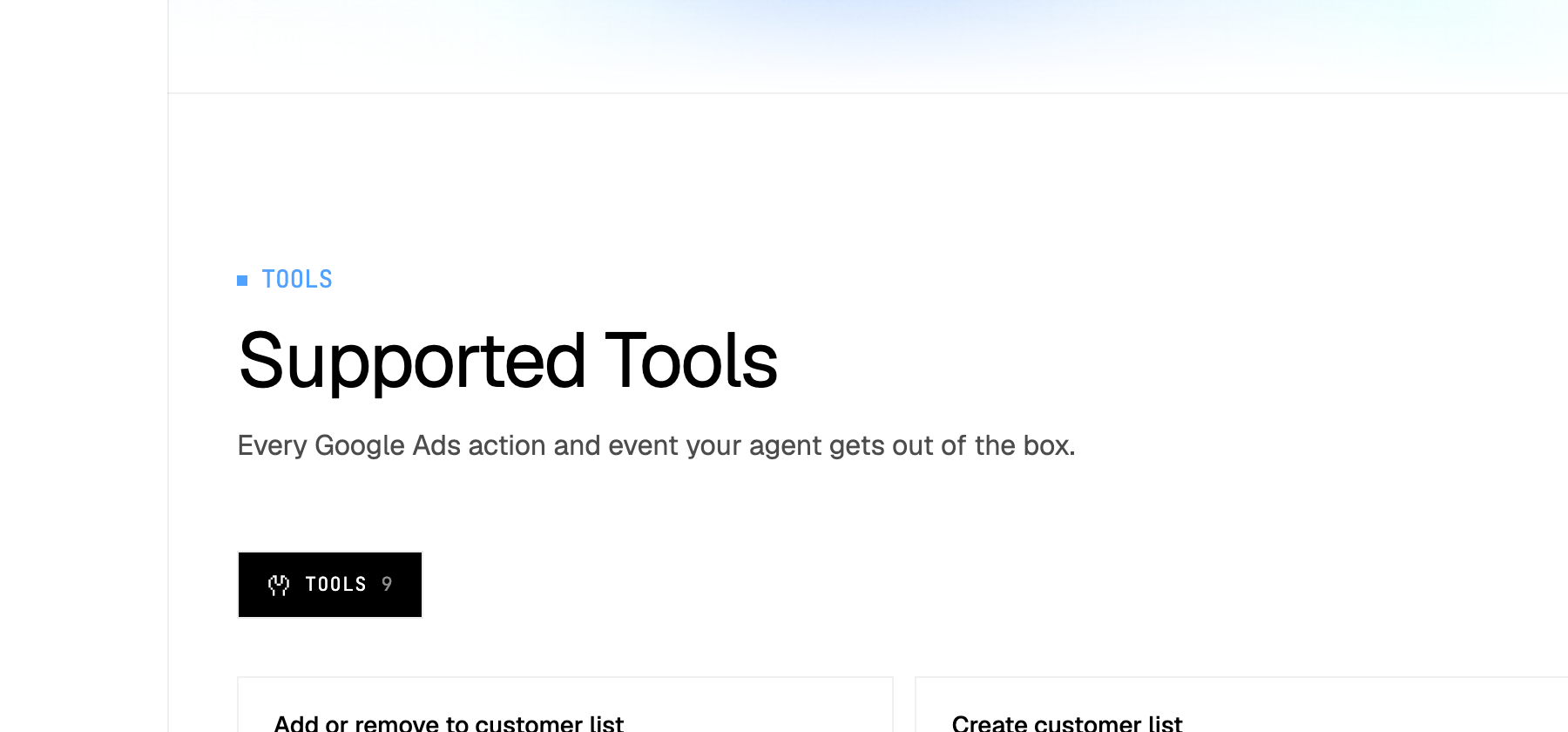 The Composio Google Ads toolkit page, every Google Ads action and event your agent gets out of the box, listing 9 tools.