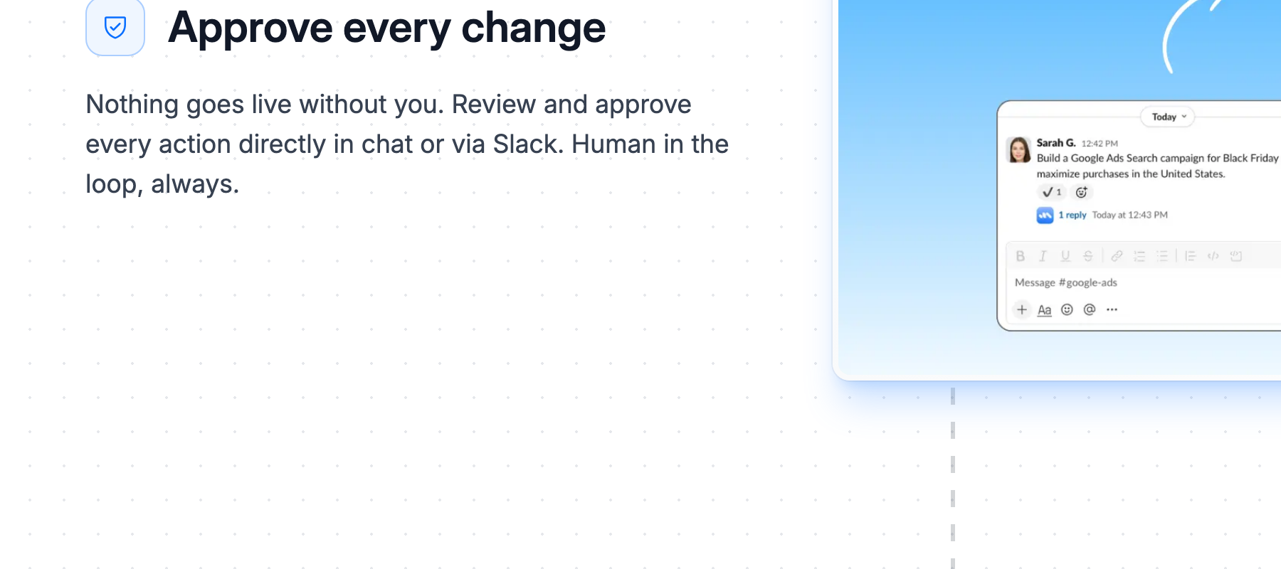 The Markifact homepage: Approve every change. Nothing goes live without you. Review and approve every action directly in chat or via Slack. Human in the loop, always.