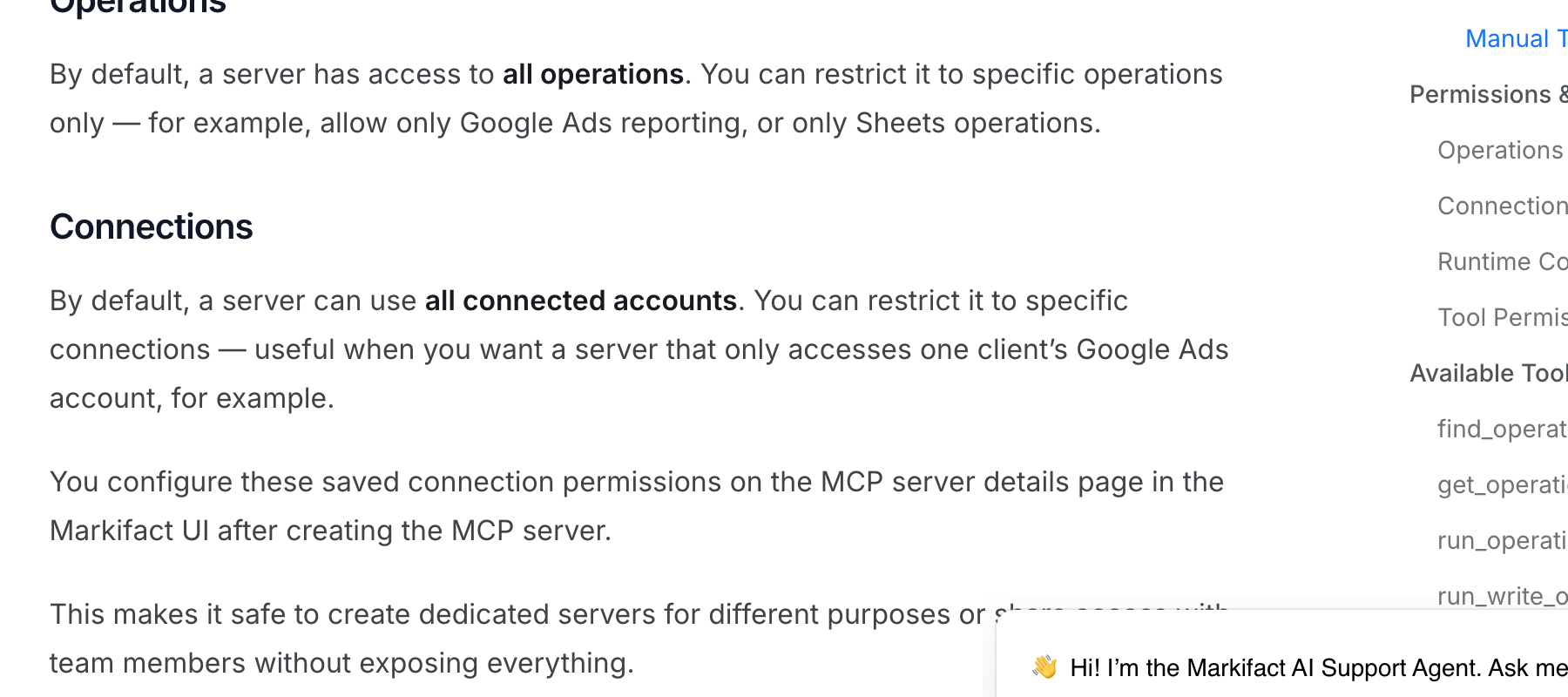 Markifact's MCP documentation: by default a server has access to all operations and can use all connected accounts.