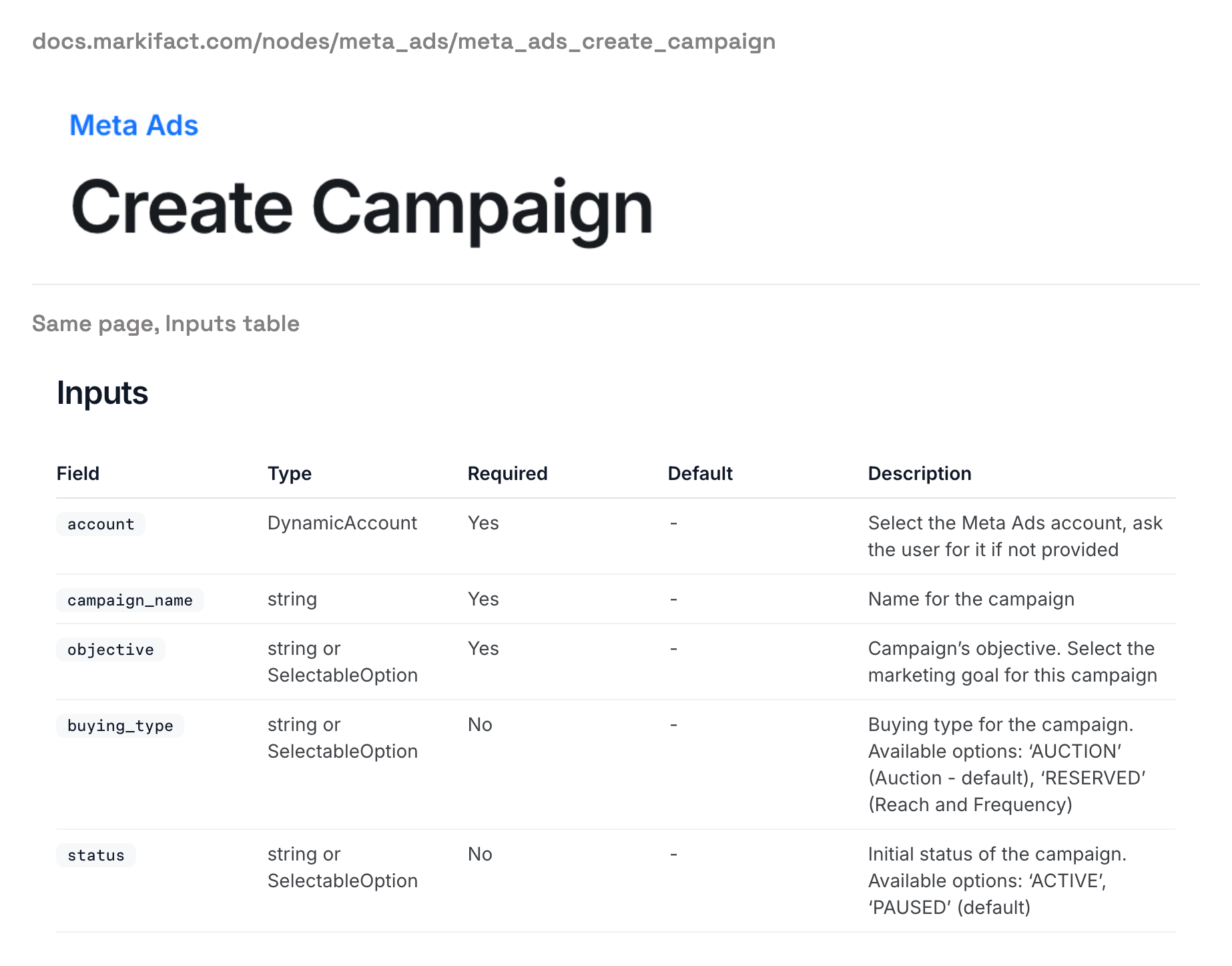 Markifact's Meta Ads Create Campaign docs list the status input as optional, with ACTIVE and PAUSED as options and PAUSED the default.