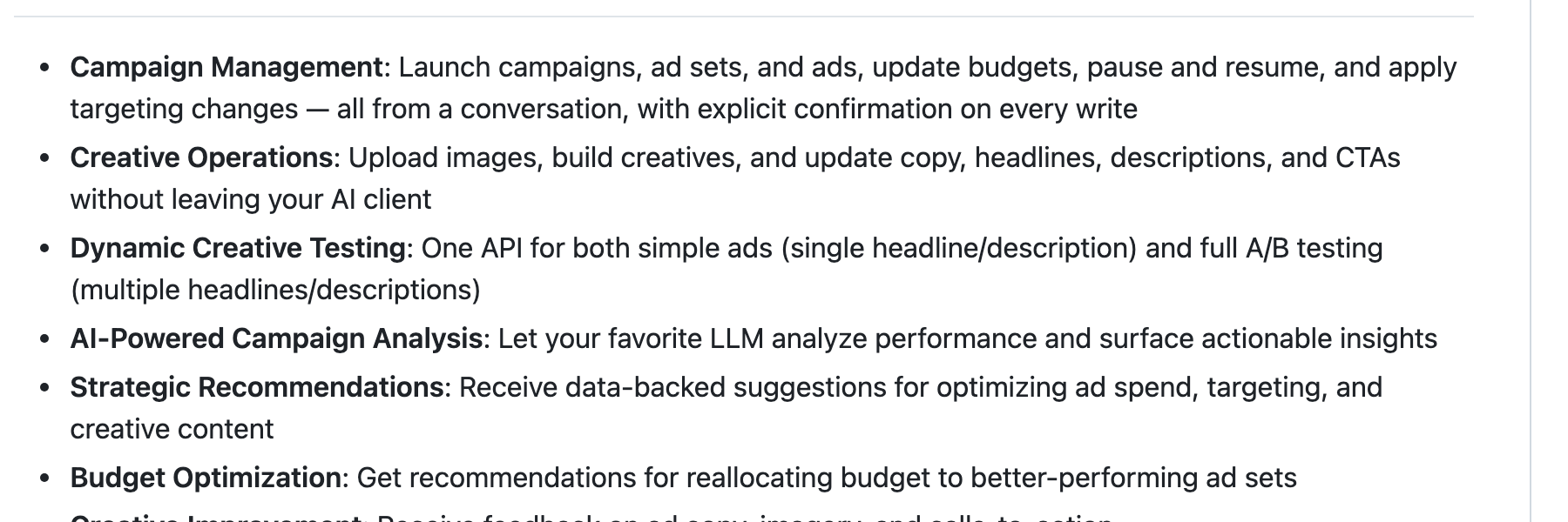 Pipeboard's README feature list: campaign management, including pause and resume, with explicit confirmation on every write.
