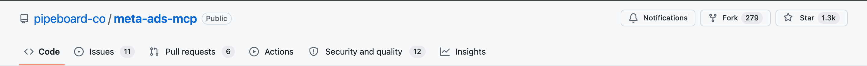 The pipeboard-co/meta-ads-mcp repository header on GitHub: public code, with 12 items under Security and quality.