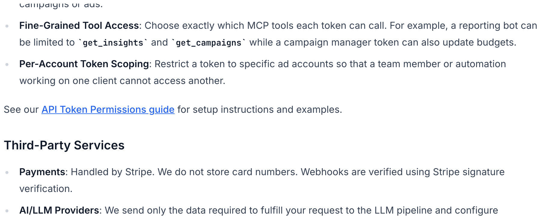Pipeboard's security page: a token can be limited to chosen MCP tools and to chosen ad accounts, once someone sets those limits up.
