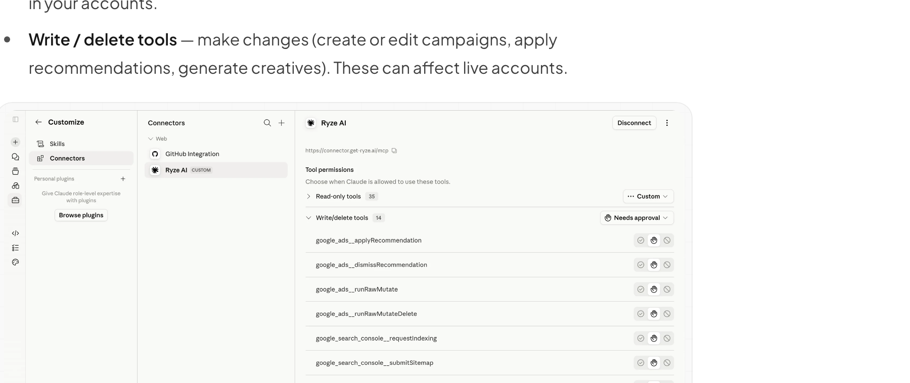 Ryze's permissions help page: the approval is Claude's own Tool permissions panel, with 35 read-only tools and 14 write or delete tools set to Needs approval.