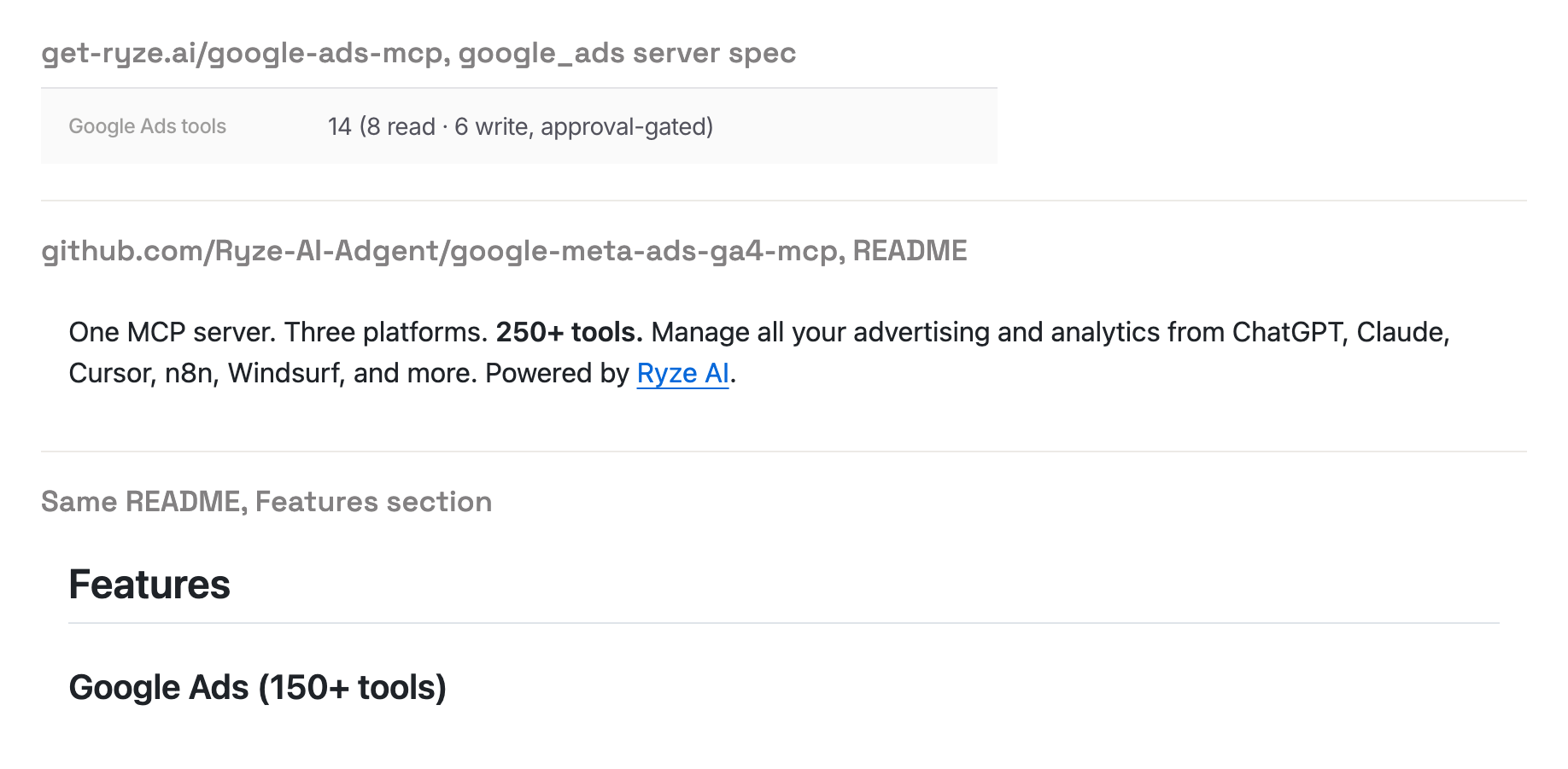 Ryze's Google Ads MCP page lists 14 Google Ads tools, while its GitHub README claims 250+ tools and Google Ads (150+ tools).