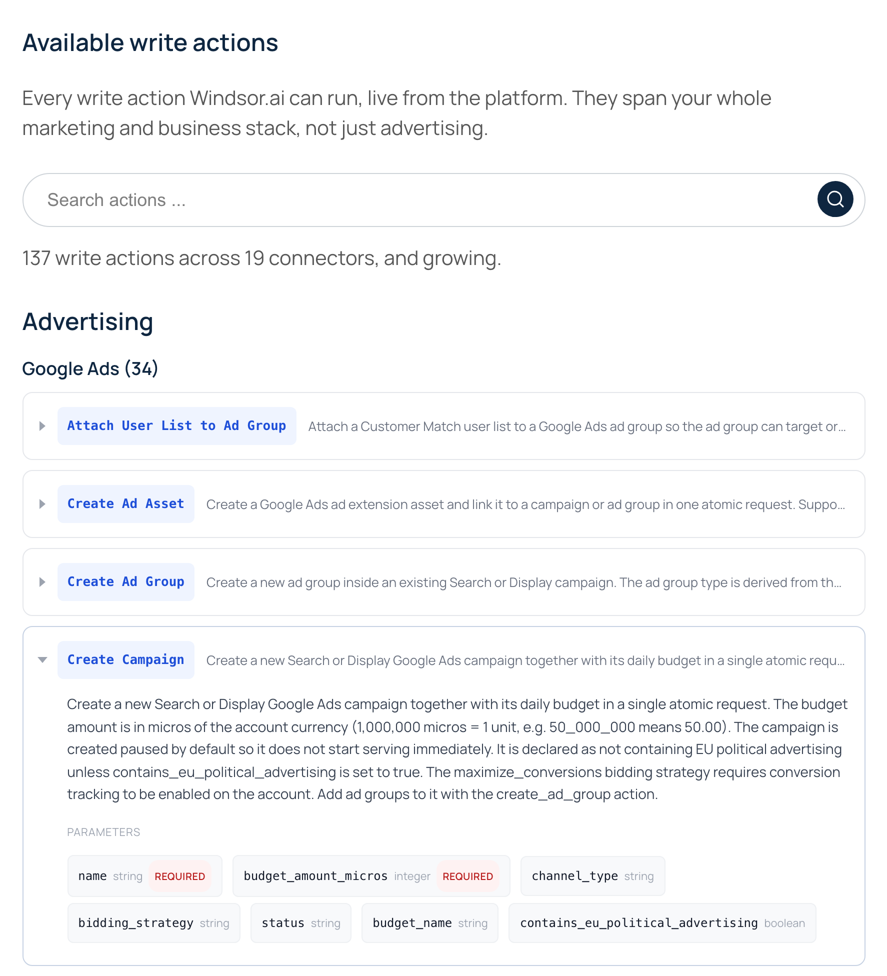 Windsor.ai's write actions page: 137 write actions across 19 connectors, starting with 34 for Google Ads.